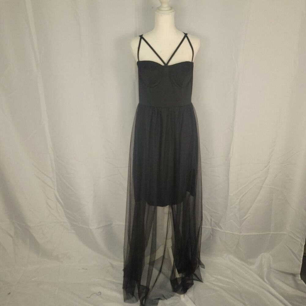 Black Sheer Mesh Maxi Overlay Bustier Dress Lace Embroidered Medium Witchy Goth